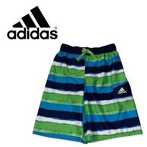 ADIDAS Striped Swim Shorts 9" Swimsuit Board Trunks Beach Pool Blue Green Boy L